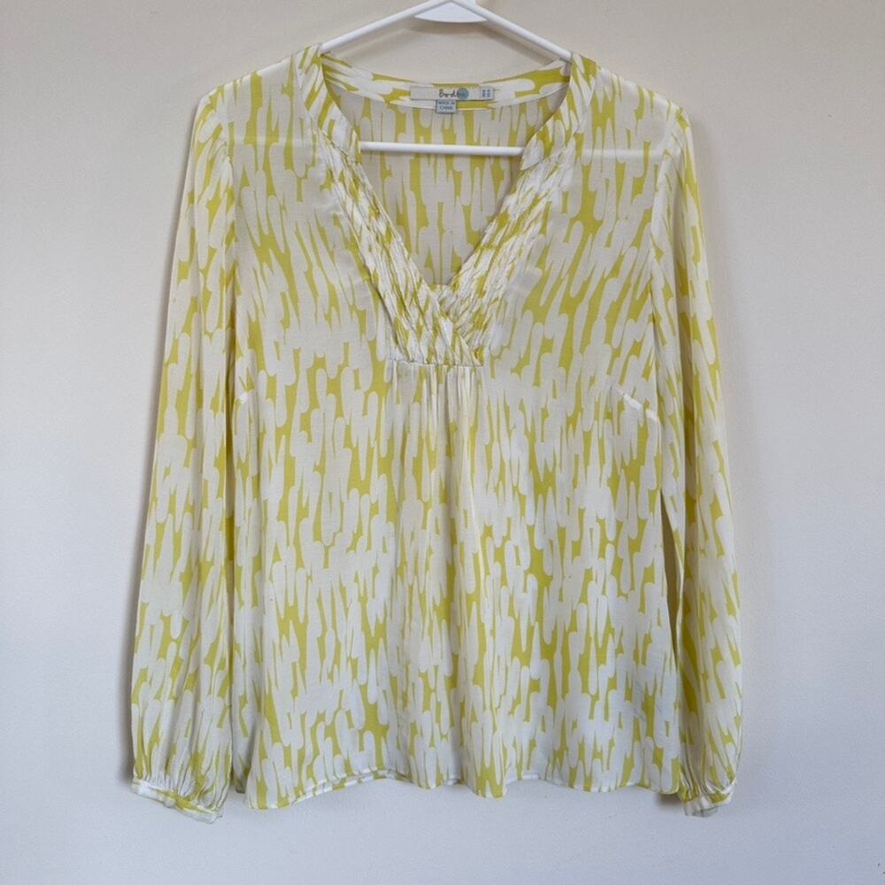 Boden Amalfi Silk Blend Blouse V-neck Sz4 Long Sleeve Ruffle Collar Yellow